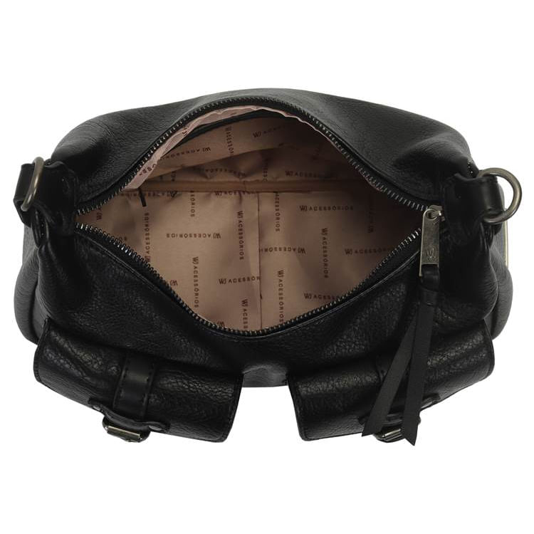 Visão superior da bolsa WJ aberta mostrando forro e bolsos internos